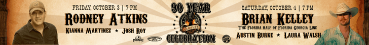 Wide banner promoting Moonlit Nites Launch at Harold’s Cave Creek Corral 90th Anniversary featuring Rodney Atkins, Brian Kelley, and country artists on October 3–4.